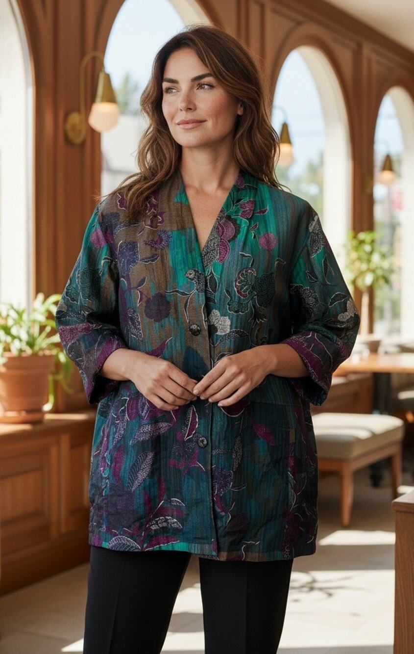 Citron Santa Monica Size 1X Linen Blend Asian Inspired Print Lightweight Jacket